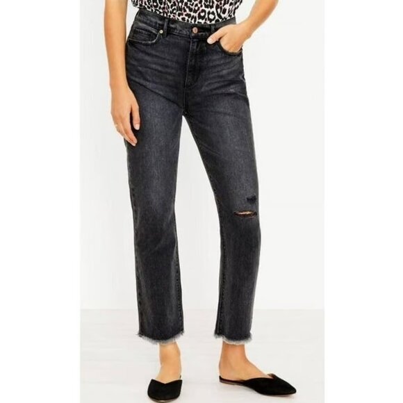 LOFT The Curvy Straight Crop Distressed Washed Black Raw Hem Jeans Size 14 - Picture 1 of 11